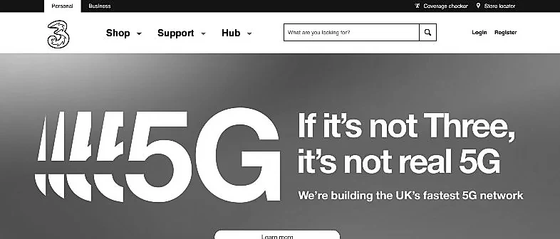 Three Mobile UK homepage showing 5G campaign